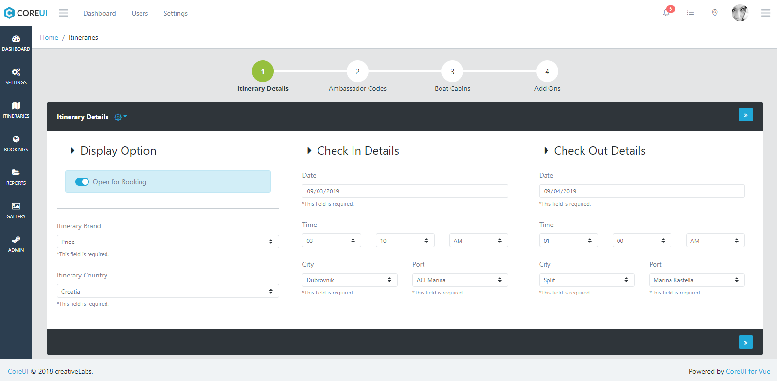 Boat sailing booking system, admin itinerary builder